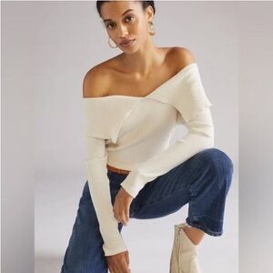 🎀SOLD🎀 NWT Anthropologie Cream Ribbed Off-Shoulder Top M